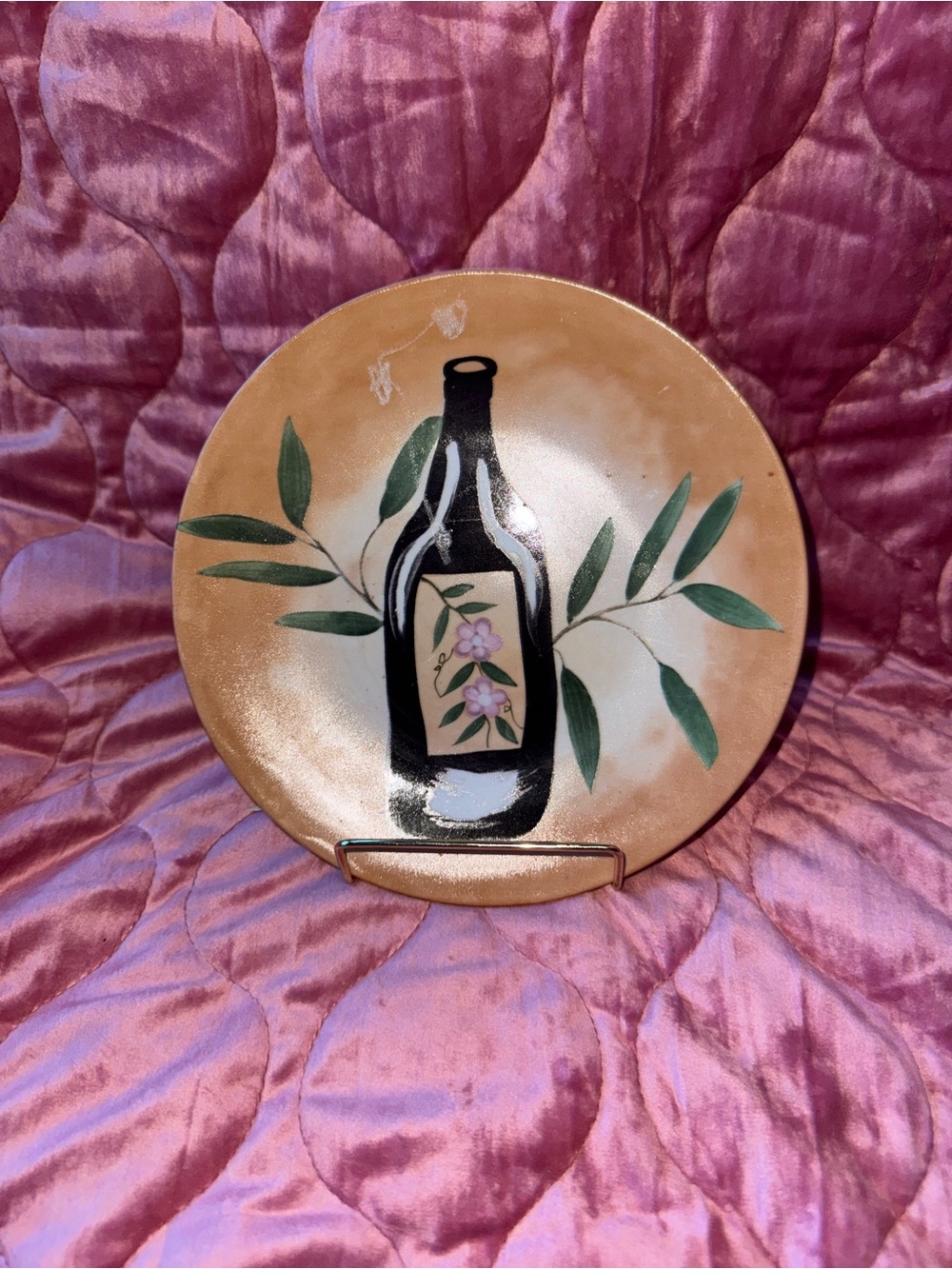 Hand-Painted Ceramic Wall Plate with Olive Bottle Motif - Tan & Green